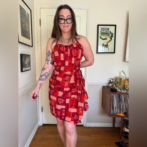 Vintage Dresses & Skirts - 50s Vintage Kamehameha Red Cotton Sarong Wrap Dress